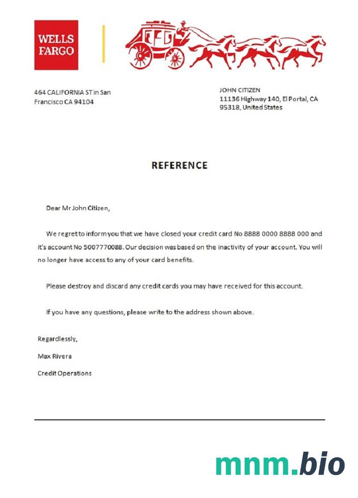 Przykład zamknięcia banku w USA Wells Fargo w formatach Word i PDF